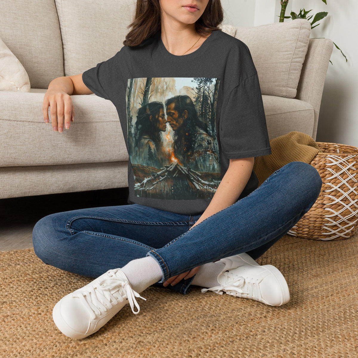 Native American Couple Love T-Shirt, Romantic Tribal Art Shirt, Indigenous Inspired Forest Graphic Tee