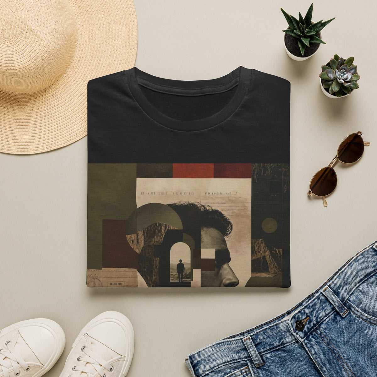 Mindscape Collage Graphic T-Shirt – Abstract Mountain & Portrait Art Tee