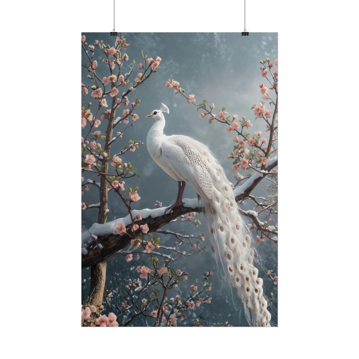 Rolled poster White Peacock Wall Art, Cherry Blossom Winter Landscape Print, Chinoiserie Large Botanical Poster, Elegant Nature Animals Decor Rolled Poster