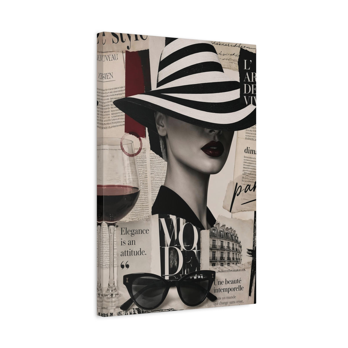 Parisian Fashion Wall Art Canvas – Elegant Woman in Hat, Black & White Paris Decor, Luxury Chic Wall Art
