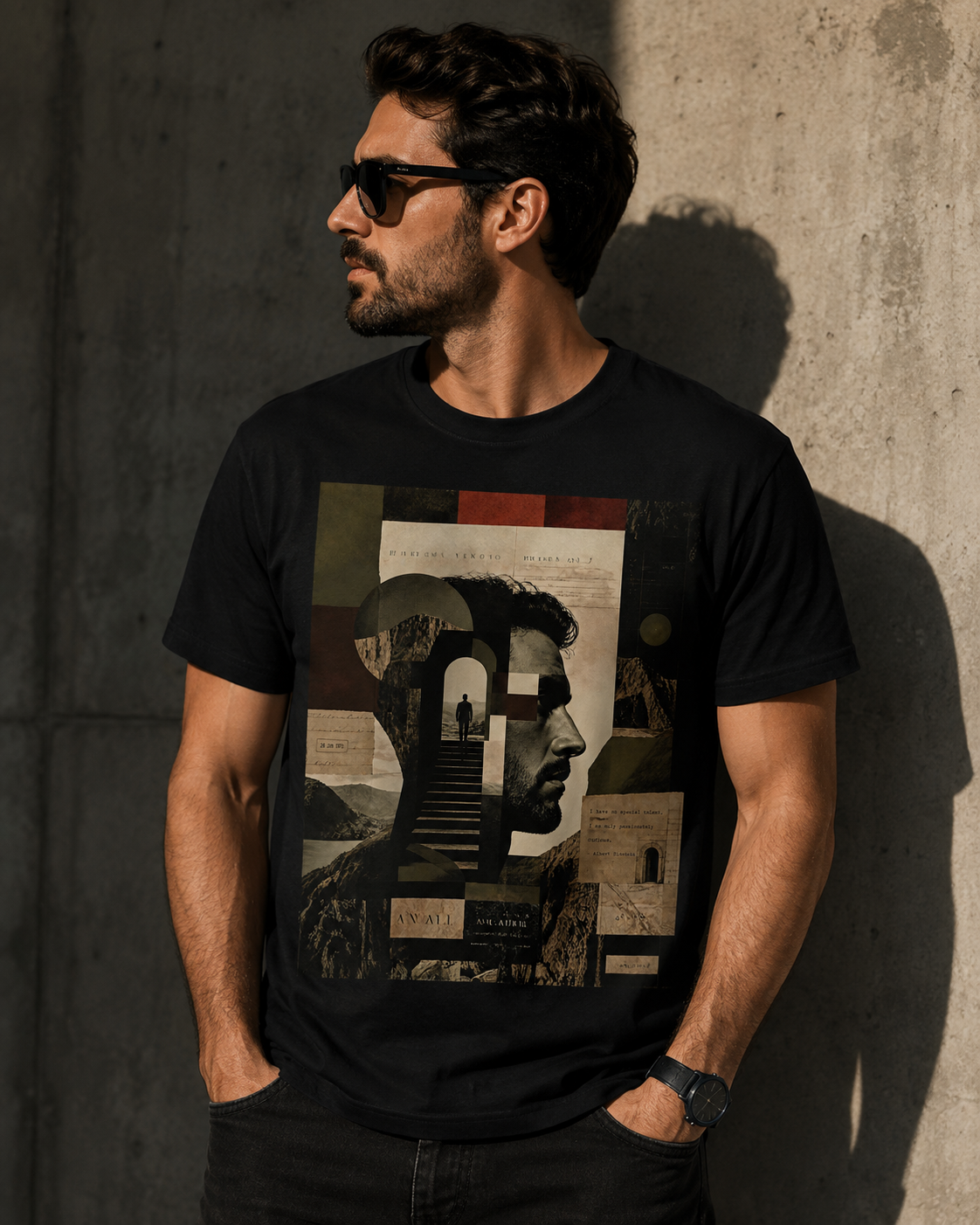 Mindscape Collage Graphic T-Shirt – Abstract Mountain & Portrait Art Tee