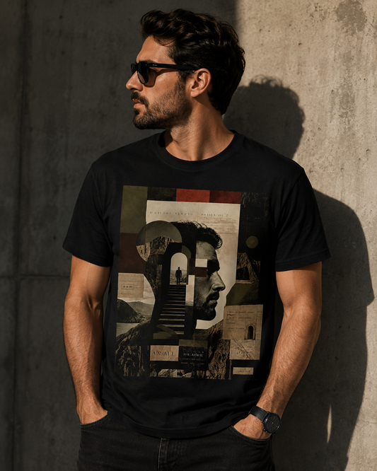 Mindscape Collage Graphic T-Shirt – Abstract Mountain & Portrait Art Tee