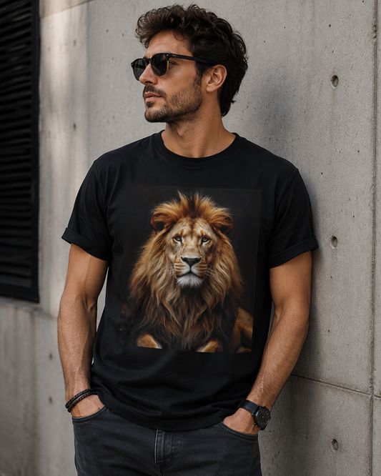 Men’s Lion Graphic T-Shirt, Realistic Lion Art Tee, Black Unisex Animal Print Shirt