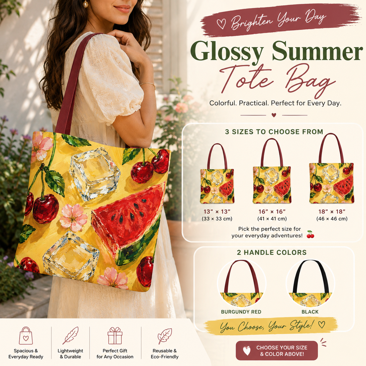 Summer Fruit Tote Bag – Cherry & Watermelon AOP Bag | Colorful Everyday Accessory