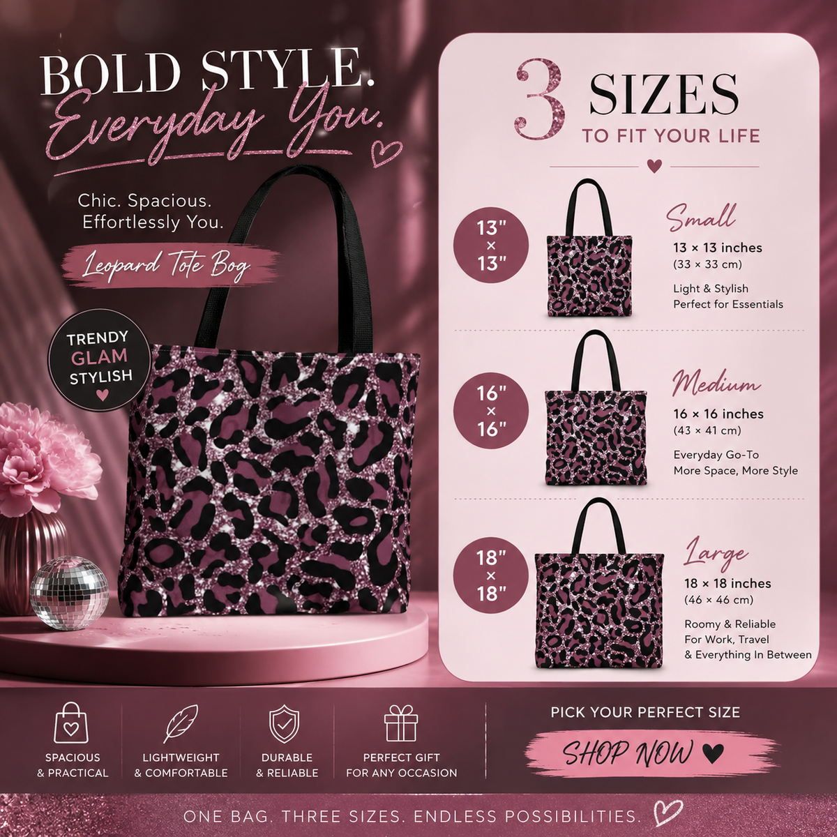 Pink Leopard Print Tote Bag – Glam Animal Print Shoulder Bag | Stylish Everyday Accessory