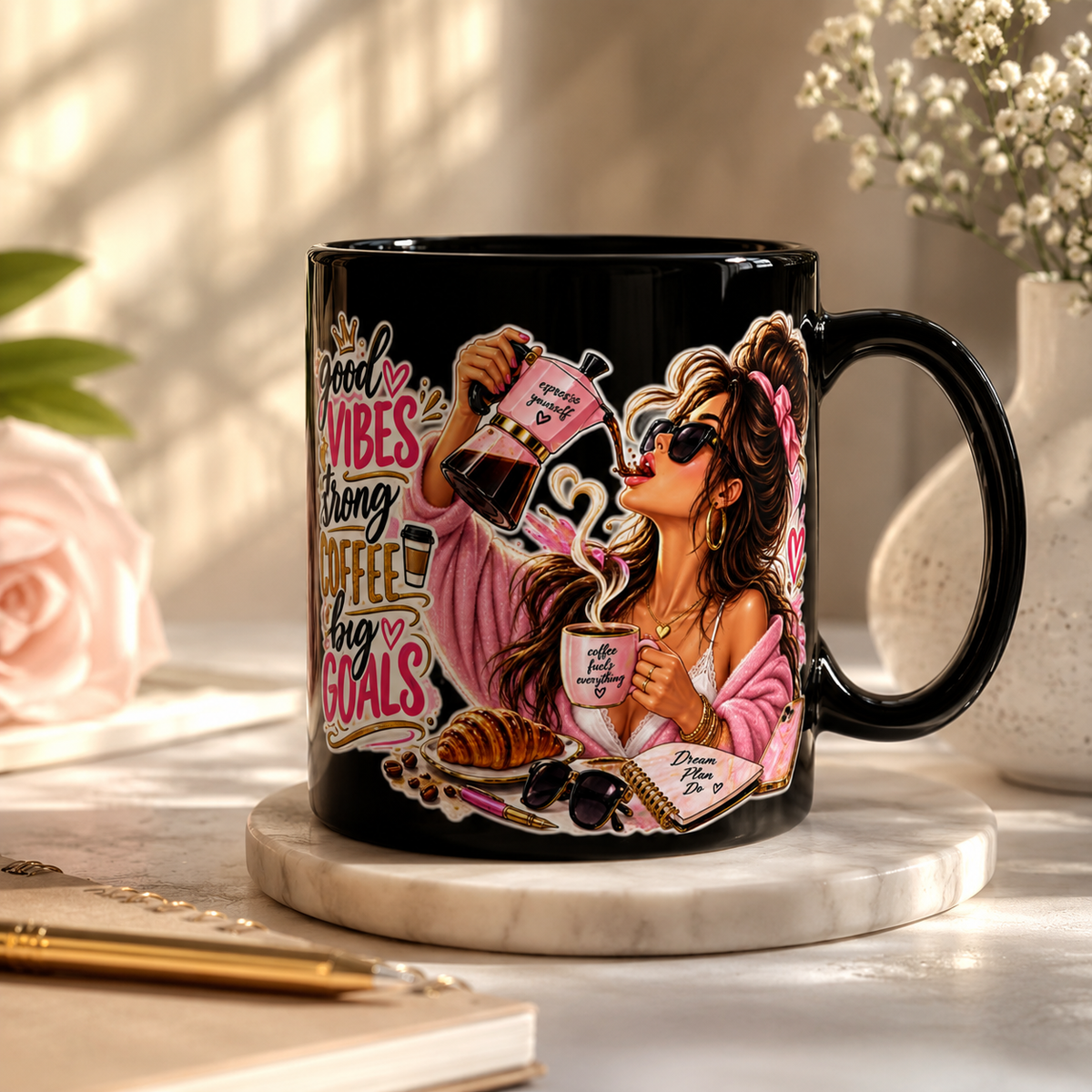 Good Vibes Only Mug | Inspirational Black Ceramic Coffee Cup. Drinkware