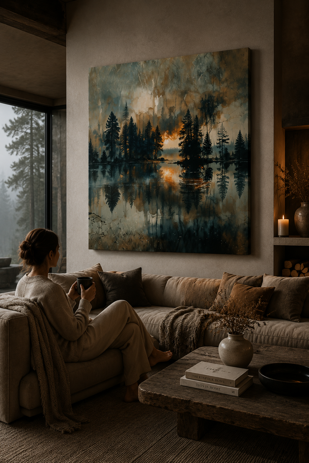 Moody Misty Forest Lake Wall Art Mountain Landscape Canvas Serene Nature Scenery Evergreen Trees Lake Reflection Artwork Rustic Cabin Decor