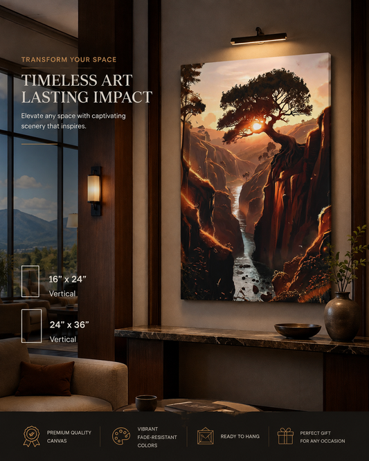 Epic Sunset River Canyon Canvas Art - Majestic Tree Landscape Wall Decor