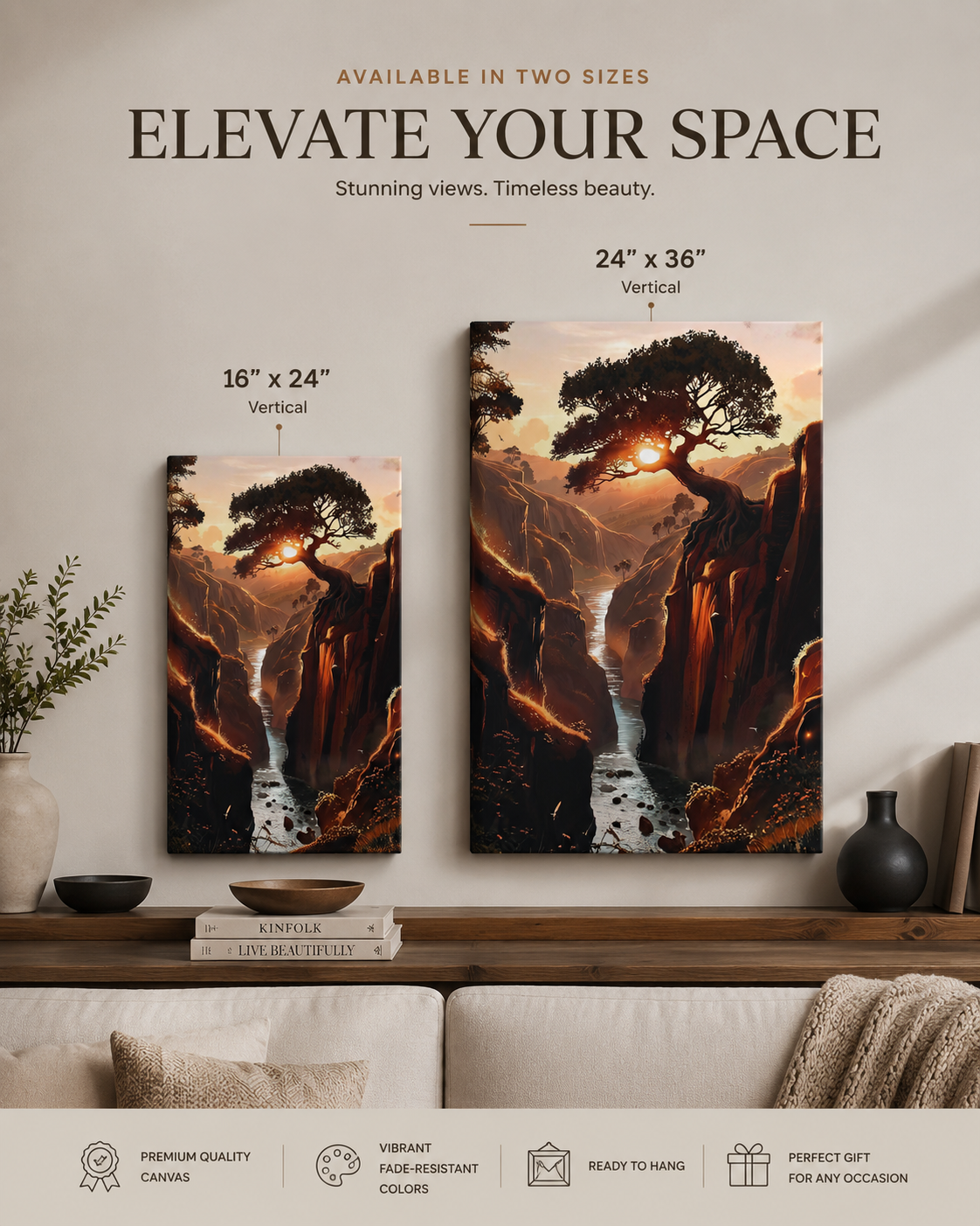 Epic Sunset River Canyon Canvas Art - Majestic Tree Landscape Wall Decor