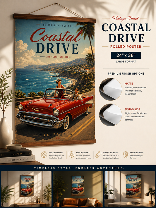 Vintage California Coastal Drive Poster - Retro 1950s Chevy Wall Art