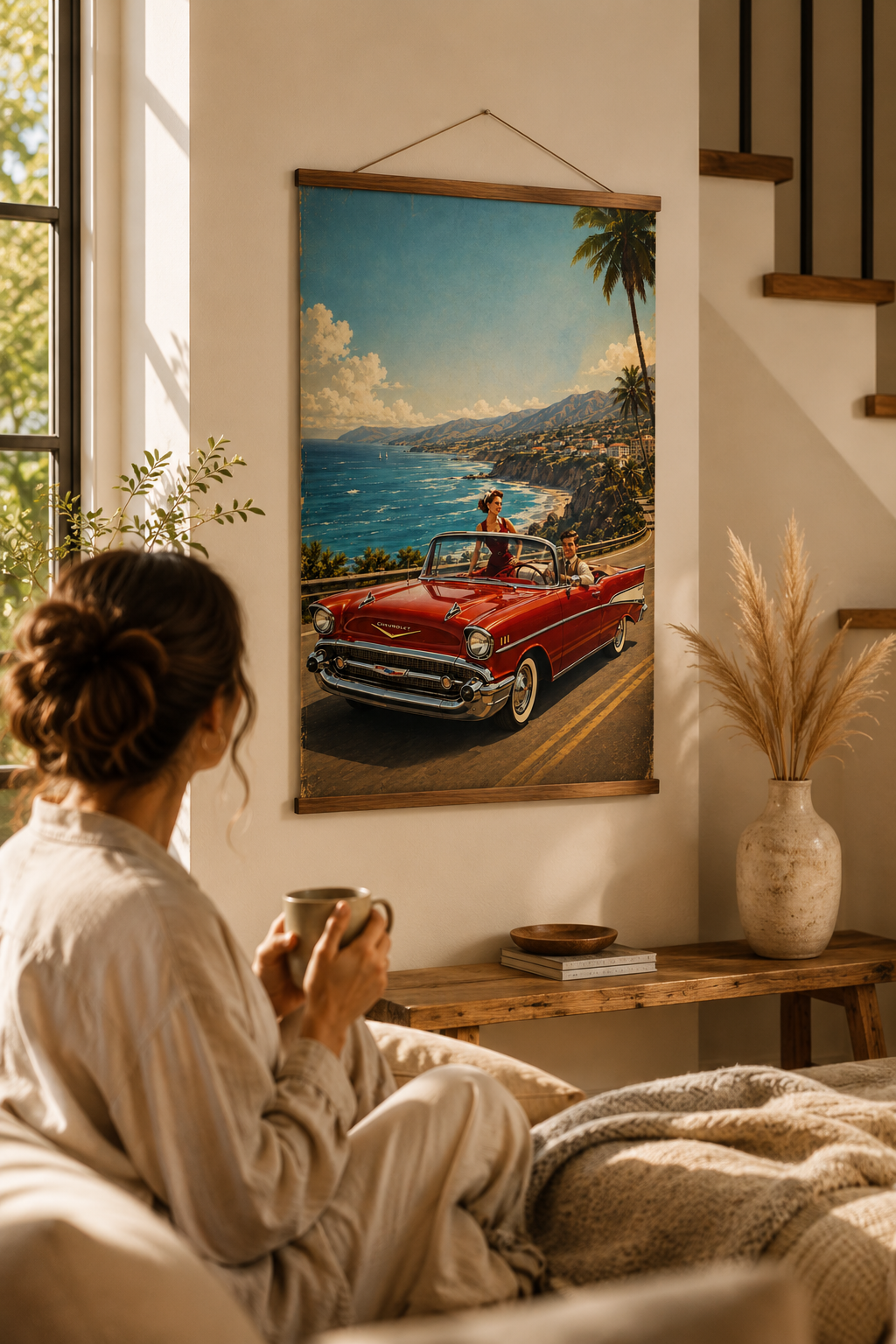 Vintage California Coastal Drive Poster - Retro 1950s Chevy Wall Art