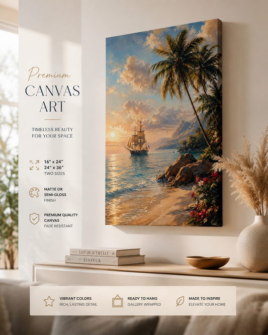 Vintage Sailing Ship Tropical Beach Canvas Wall Art - Large Coastal Sunset Print
