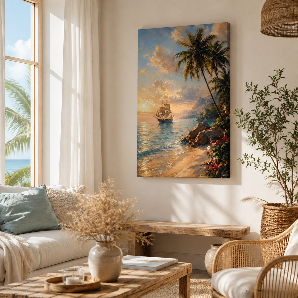 Vintage Sailing Ship Tropical Beach Canvas Wall Art - Large Coastal Sunset Print