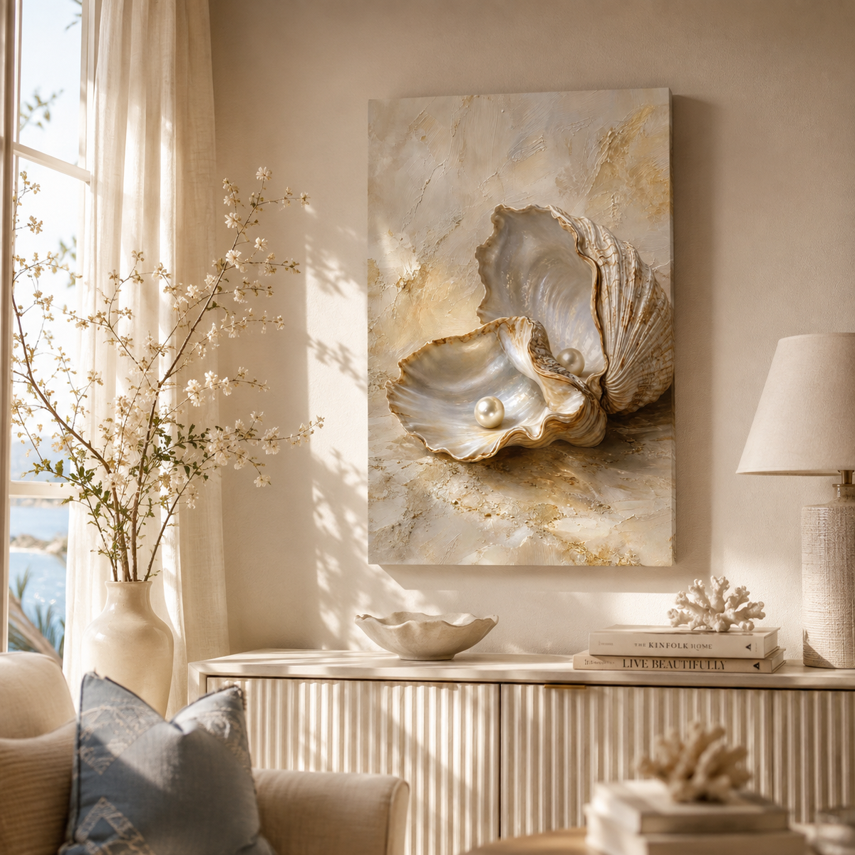 Luxury Oyster Shell with Pearls Canvas Wall Art - Coastal Ocean Seashore Decor