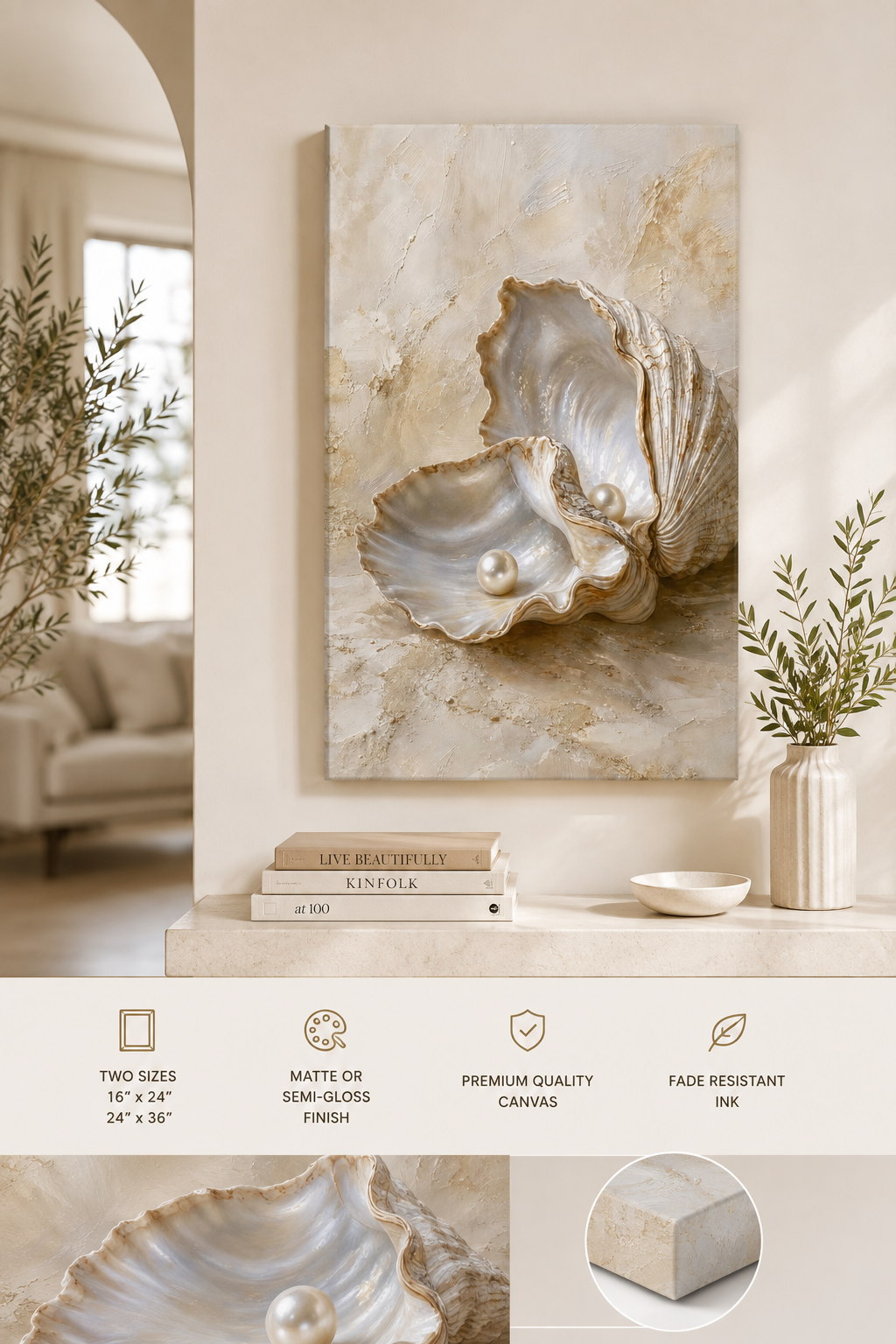 Luxury Oyster Shell with Pearls Canvas Wall Art - Coastal Ocean Seashore Decor