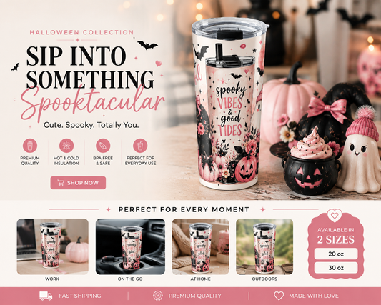 Hey Boo Halloween Tumbler Spooky Ghost Insulated Travel Mug Cute Witchy Autumn drinkware Fall Water Bottle Festive Collection