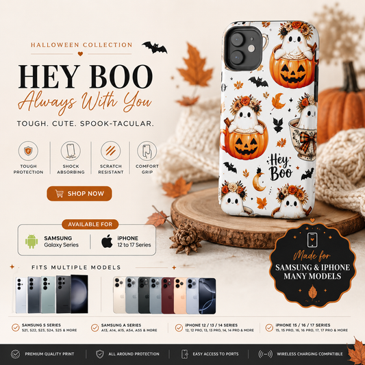 Hey Boo Halloween Phone Case Spooky Ghost Tough Protective iPhone Samsung Galaxy Cover Festive Collection