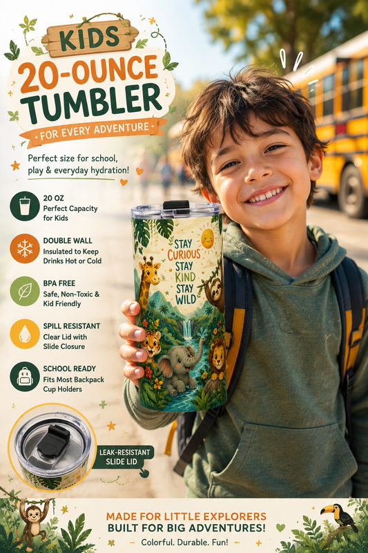 Tumbler Kids Jungle Animals Water Bottle Design Stay Curious Stay Kind Stay Wild drinkware