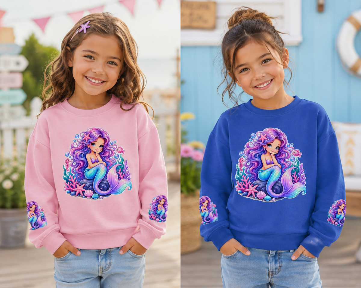 Mermaid Crewneck Sweatshirt for Toddler & Little Girls | Cute Ocean Sea Life Kids Fleece | Premium Cotton Pink Navy Birthday Gift Pullover Sweater