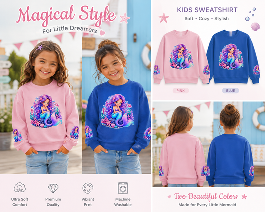 Mermaid Crewneck Sweatshirt for Toddler & Little Girls | Cute Ocean Sea Life Kids Fleece | Premium Cotton Pink Navy Birthday Gift Pullover Sweater