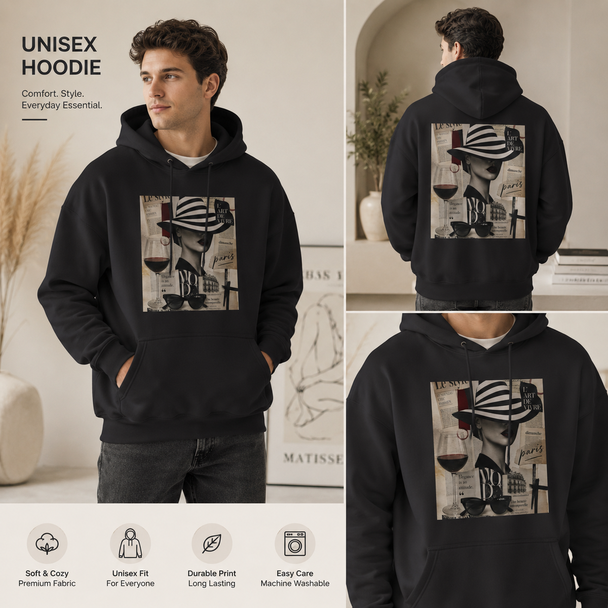 Paris Streetwear Hoodie Graphic Sweatshirt | Vintage Newspaper Collage Aesthetic Art Pullover | French Fashion Luxury Oversized Back Print Hooded Sweater