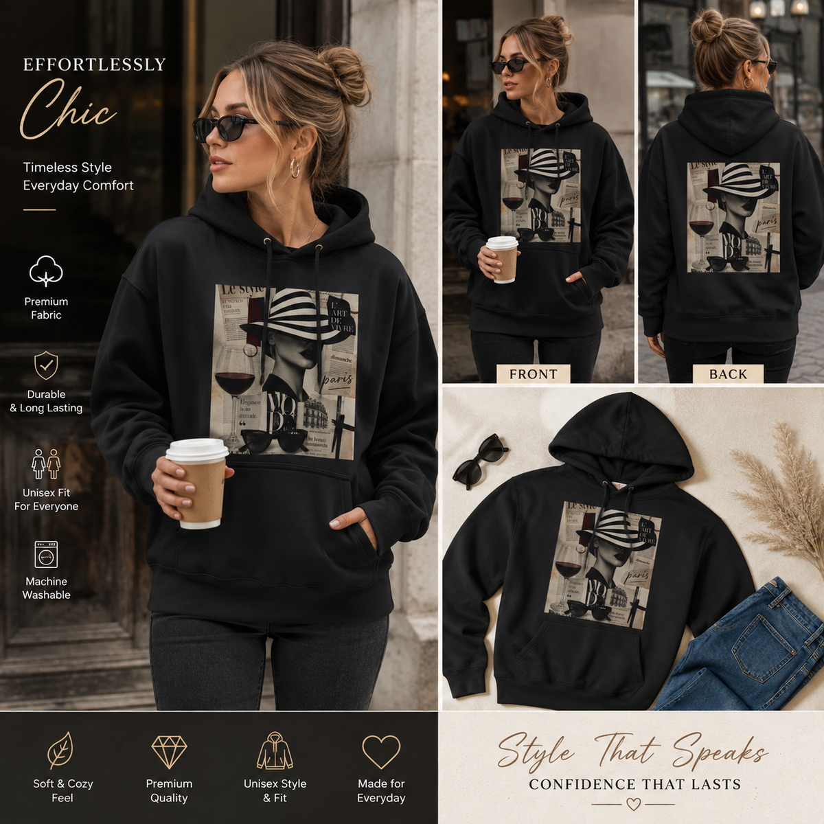Paris Streetwear Hoodie Graphic Sweatshirt | Vintage Newspaper Collage Aesthetic Art Pullover | French Fashion Luxury Oversized Back Print Hooded Sweater