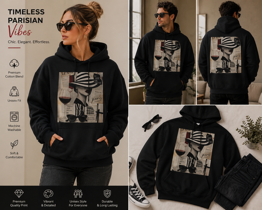 Paris Streetwear Hoodie Graphic Sweatshirt | Vintage Newspaper Collage Aesthetic Art Pullover | French Fashion Luxury Oversized Back Print Hooded Sweater