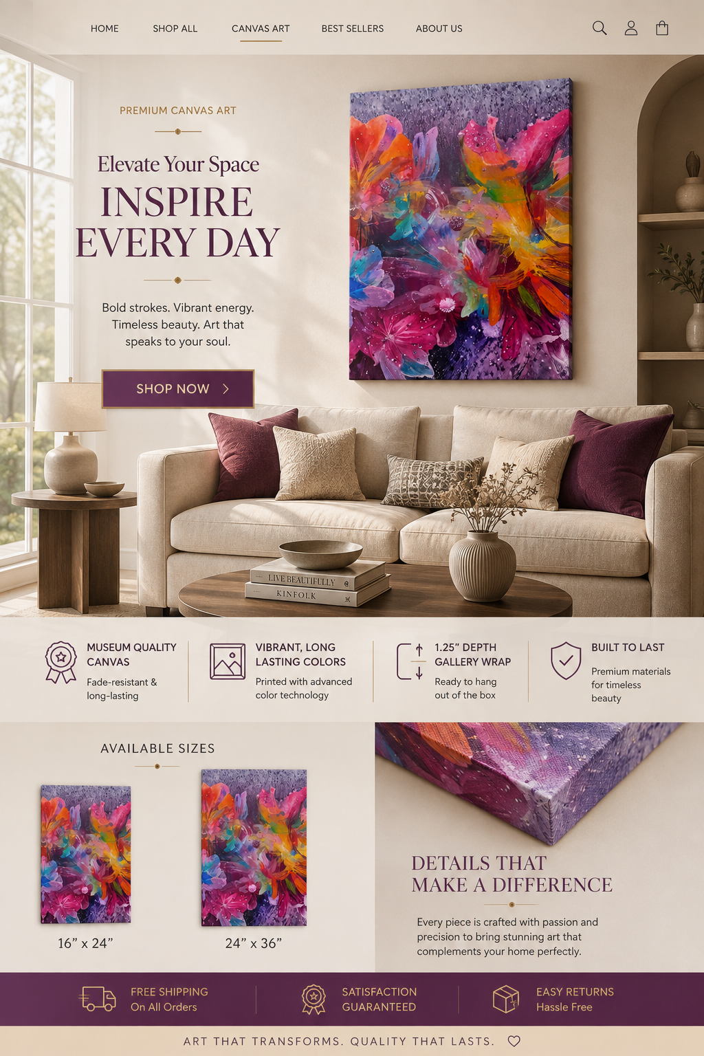 Abstract  Floral botanical Canvas Wall Art – Luxury Modern Statement Art for Living Room & Home Decor