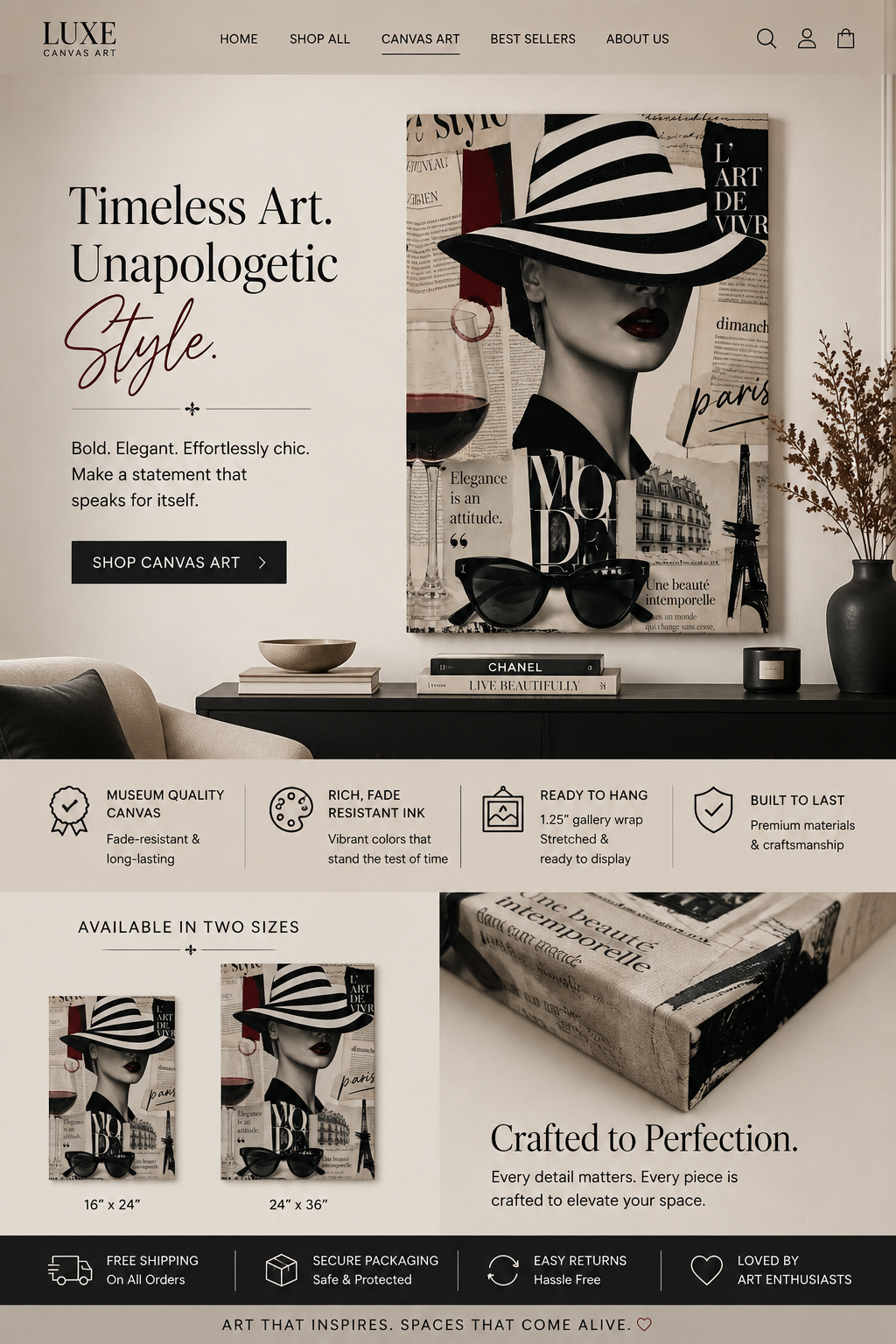 Parisian Fashion Wall Art Canvas – Elegant Woman in Hat, Black & White Paris Decor, Luxury Chic Wall Art