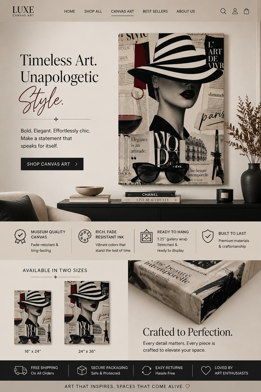 Parisian Fashion Wall Art Canvas – Elegant Woman in Hat, Black & White Paris Decor, Luxury Chic Wall Art