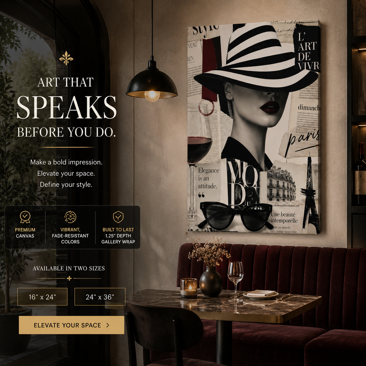Parisian Fashion Wall Art Canvas – Elegant Woman in Hat, Black & White Paris Decor, Luxury Chic Wall Art