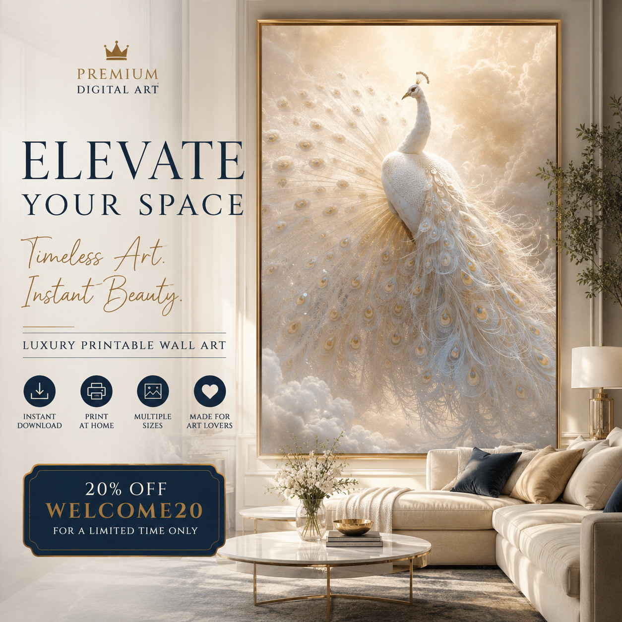 Majestic White Peacock in Clouds Wall Art Printable Ethereal Fantasy Bird Sky Landscape Dreamy Nature Digital Download