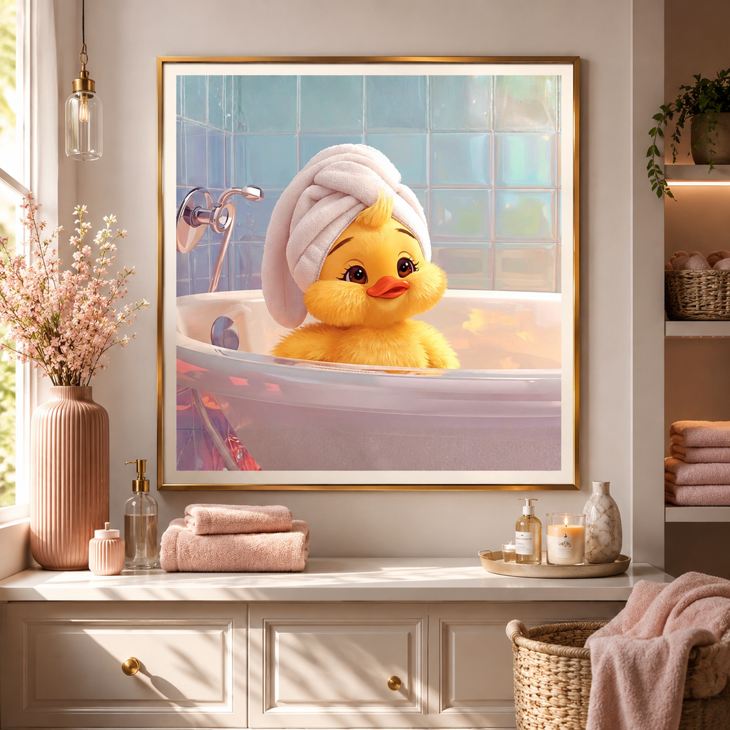 Duckling Bath Nursery Wall Art Printable Cute Animal Illustration Baby Room Decor Soft Pastel Kids Room Digital Download