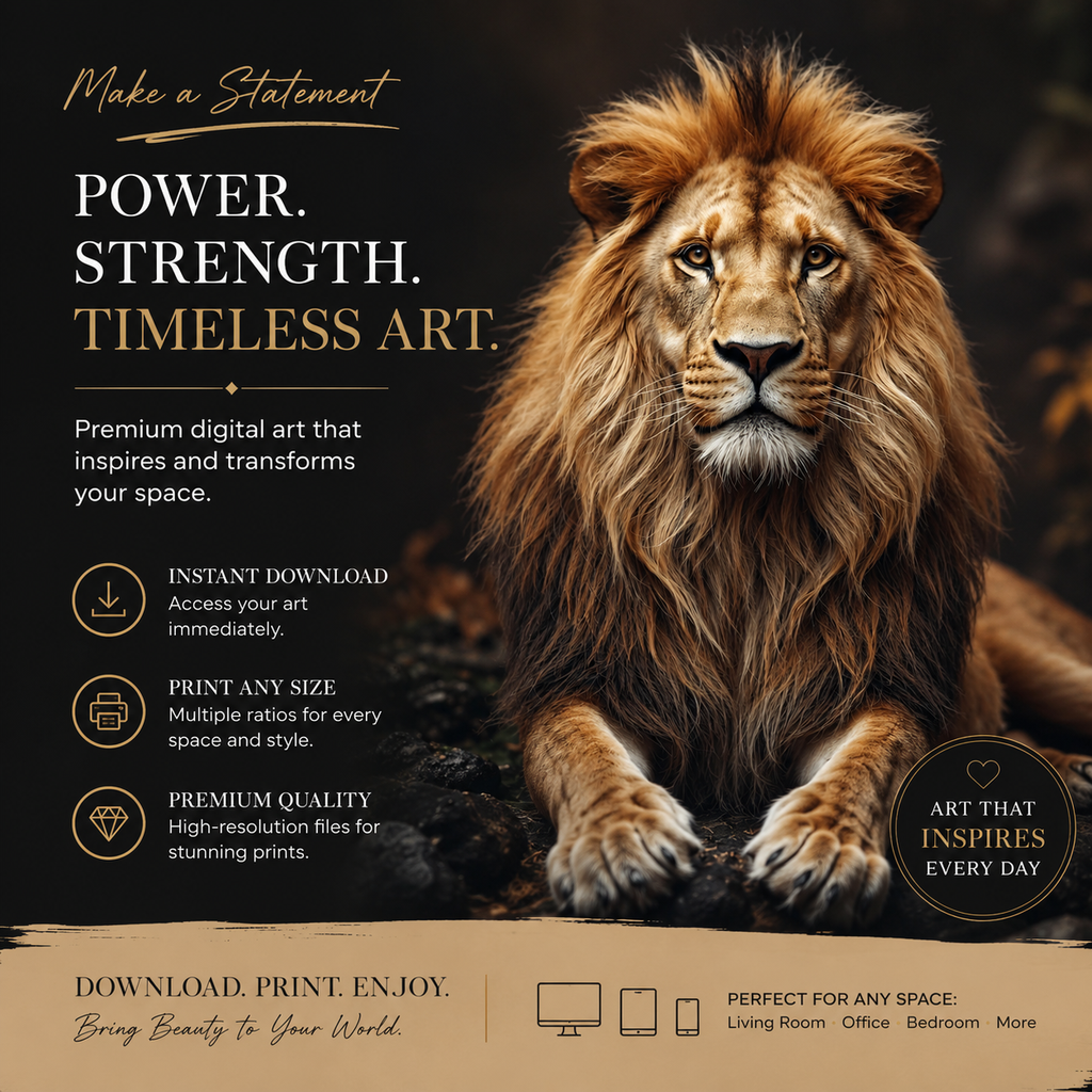 Lion Portrait Wall Art Printable Majestic Wildlife Animal King of Jungle Realistic Nature Decor Digital Download