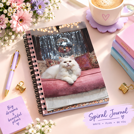 Luxury White Cat Spiral Journal – Sparkle Disco Queen Notebook
