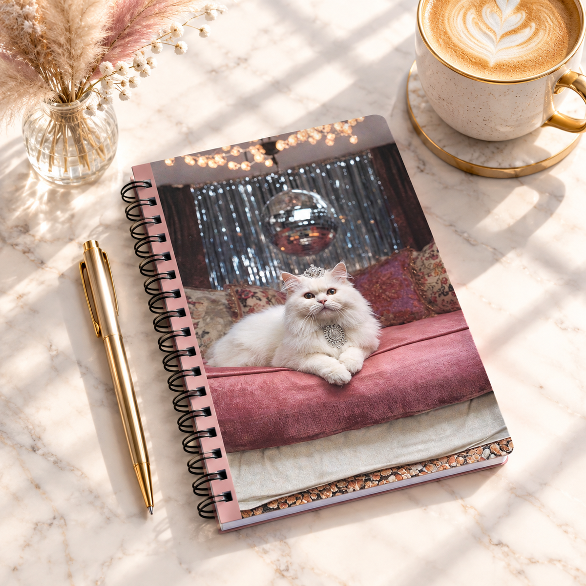 Luxury White Cat Spiral Journal – Sparkle Disco Queen Notebook
