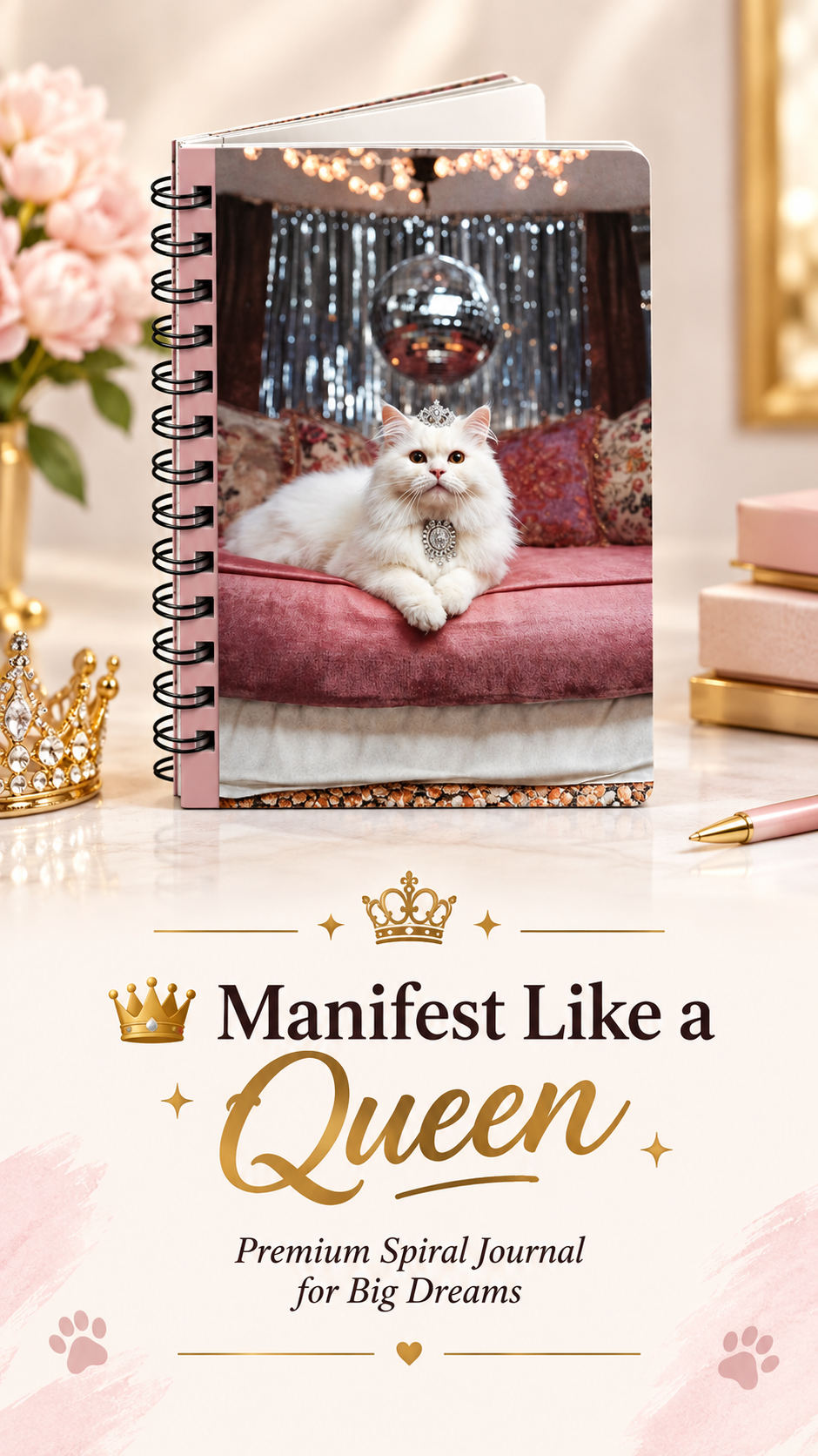 Luxury White Cat Spiral Journal – Sparkle Disco Queen Notebook