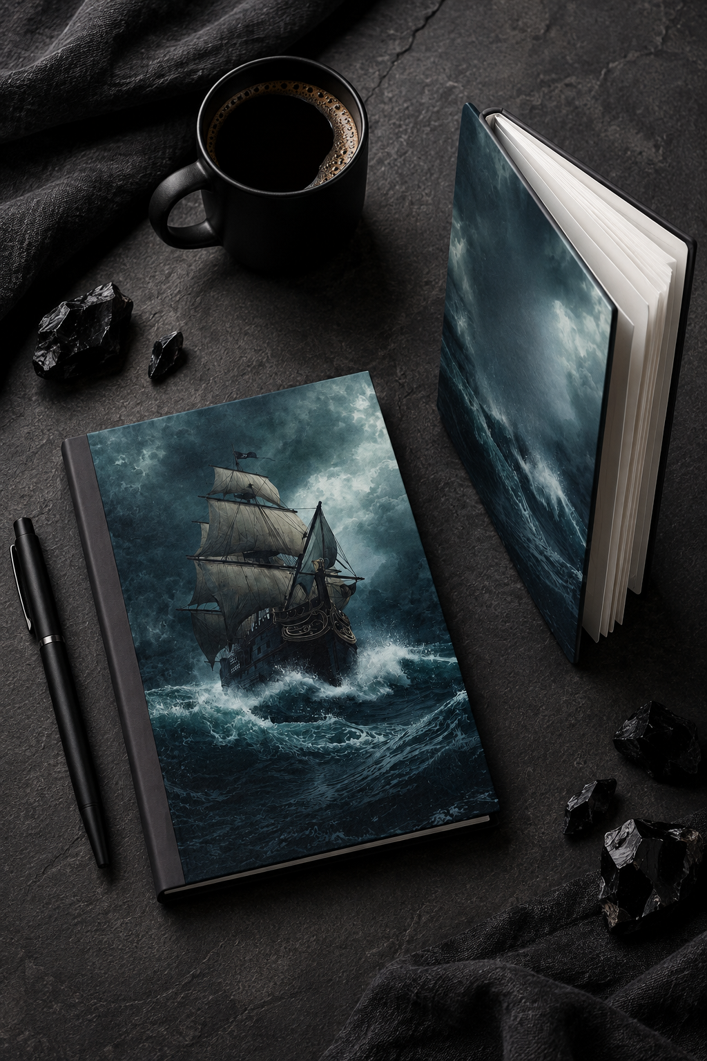 Pirate Ship Hardcover Journal, Dark Moody Nautical Writing Notebook, Stormy Sea Captains Log A5 Diary, Gothic Office DecorHardcover Journal Matte (Lined)
