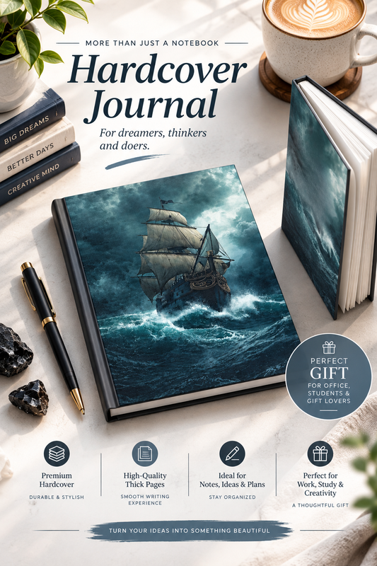 Pirate Ship Hardcover Journal, Dark Moody Nautical Writing Notebook, Stormy Sea Captains Log A5 Diary, Gothic Office DecorHardcover Journal Matte (Lined)