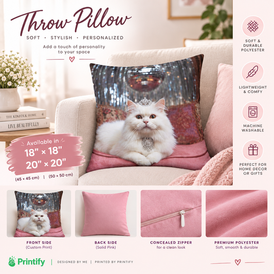 Funny White Persian Cat Throw Pillow with Crown , Decorative Princess Cat Cushion Cover, Cute Regal Pet Luxury Pink Disco Decor