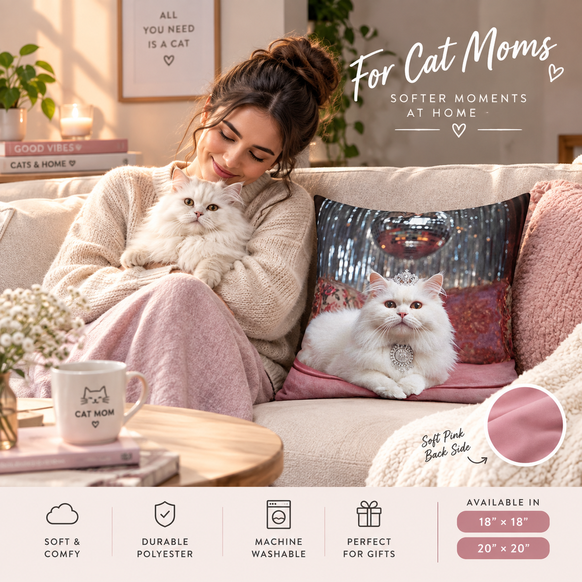 Funny White Persian Cat Throw Pillow with Crown , Decorative Princess Cat Cushion Cover, Cute Regal Pet Luxury Pink Disco Decor