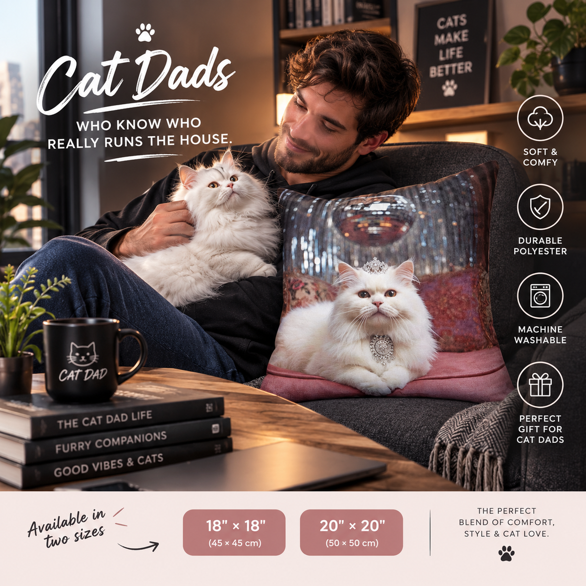 Funny White Persian Cat Throw Pillow with Crown , Decorative Princess Cat Cushion Cover, Cute Regal Pet Luxury Pink Disco Decor