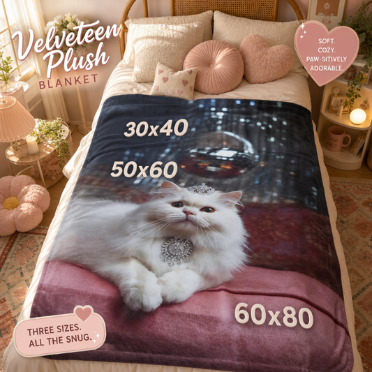 Queen Cat Blanket – Luxury White Cat Throw Blanket, Cute Cat Lover Gift, Cat Mom Gift, Pink Cozy Home DecorVelveteen Plush Blanket