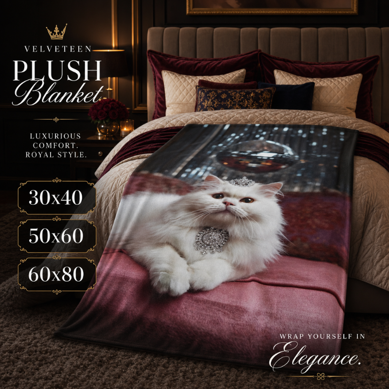 Queen Cat Blanket – Luxury White Cat Throw Blanket, Cute Cat Lover Gift, Cat Mom Gift, Pink Cozy Home DecorVelveteen Plush Blanket