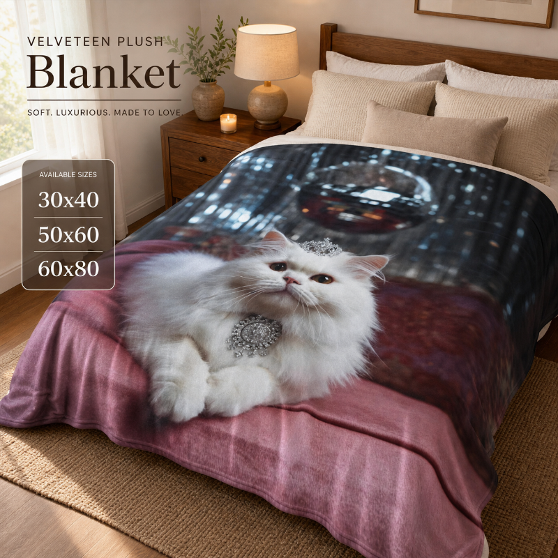 Queen Cat Blanket – Luxury White Cat Throw Blanket, Cute Cat Lover Gift, Cat Mom Gift, Pink Cozy Home DecorVelveteen Plush Blanket