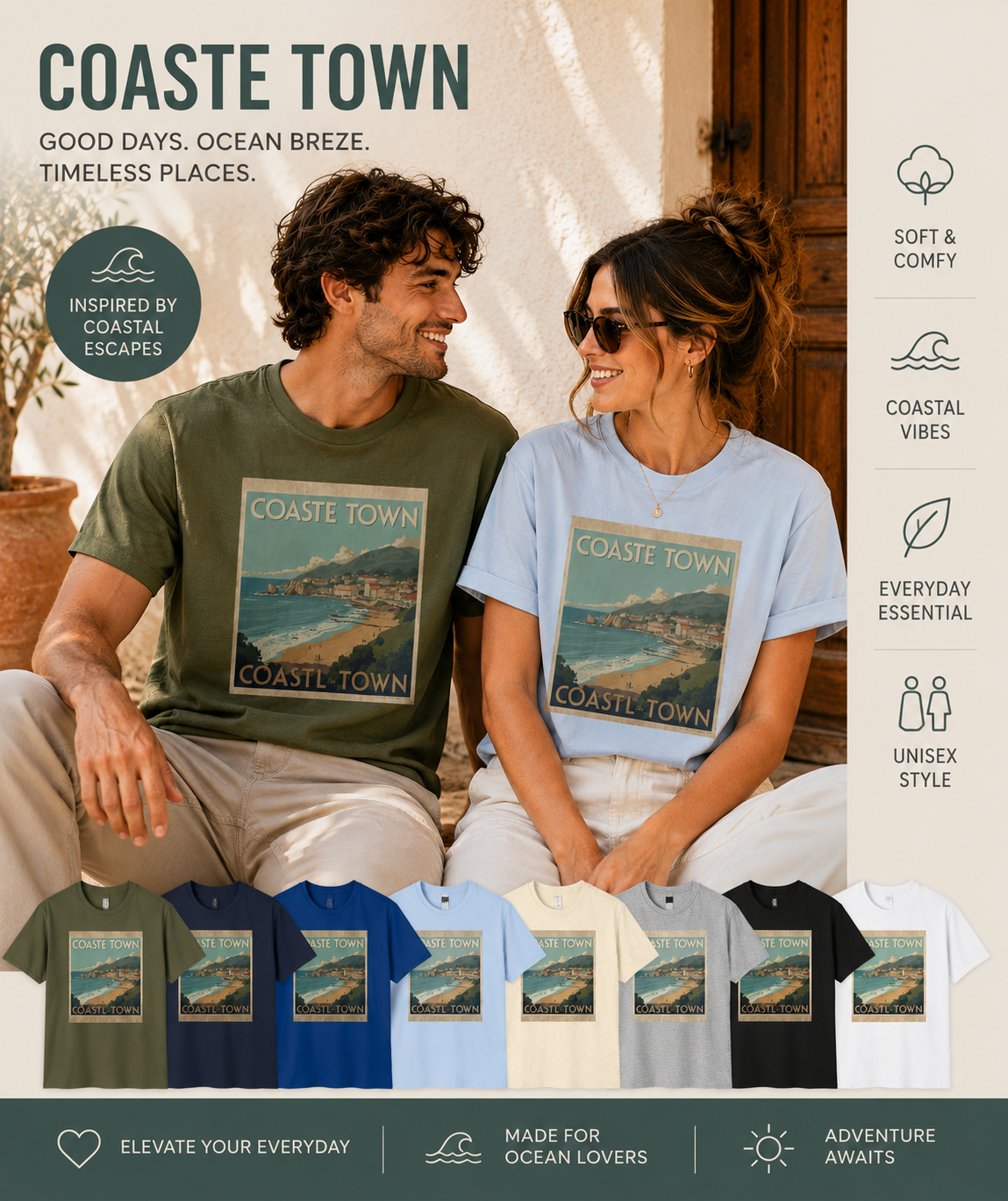 Vintage Coastal Graphic T-Shirt, Retro Beach Poster Tee, Ocean-Inspired Unisex Shirt