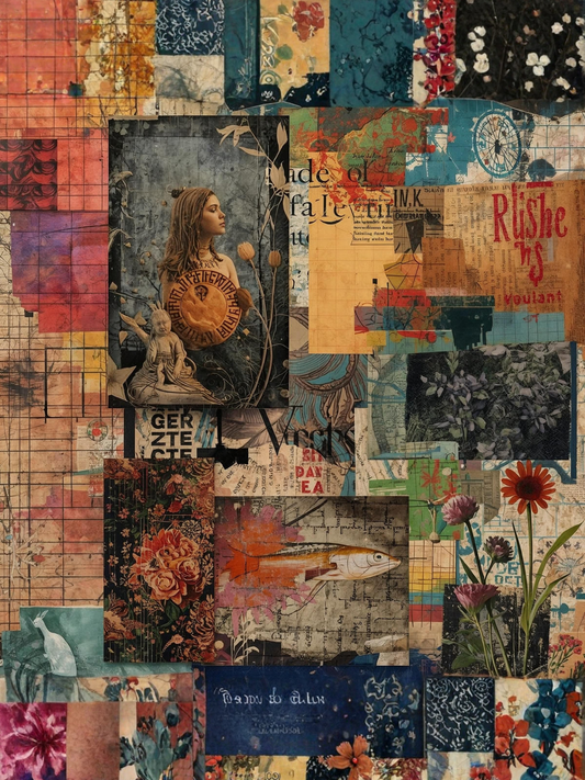 Vintage Surrealist Collage Wall Art – Moody Maximalist Scrapbook Print, Dark Eclectic Decor Rolled Poster