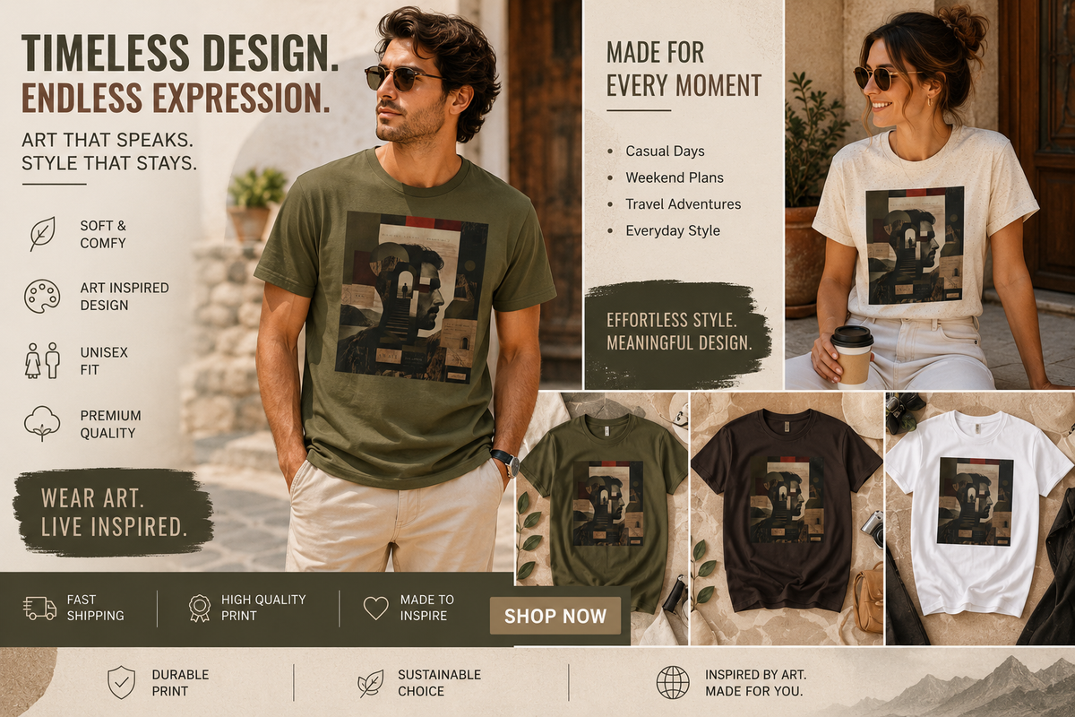 Mindscape Collage Graphic T-Shirt – Abstract Mountain & Portrait Art Tee