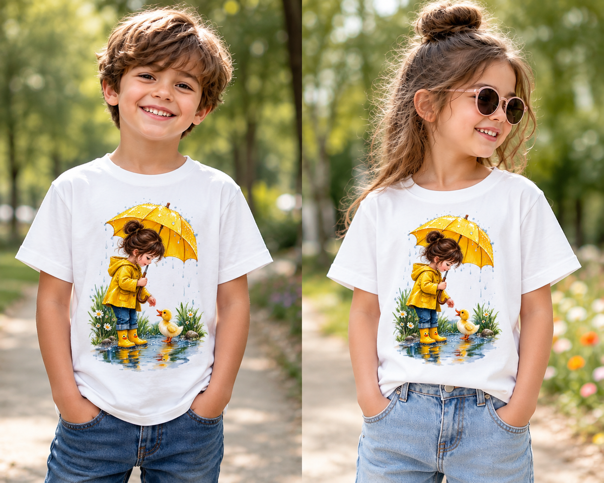 Kidswear Rainy Day  – Yellow Raincoat & Duckling Watercolor Shirt, Cute Kids Graphic Tee, Rainy Day Nature Shirt