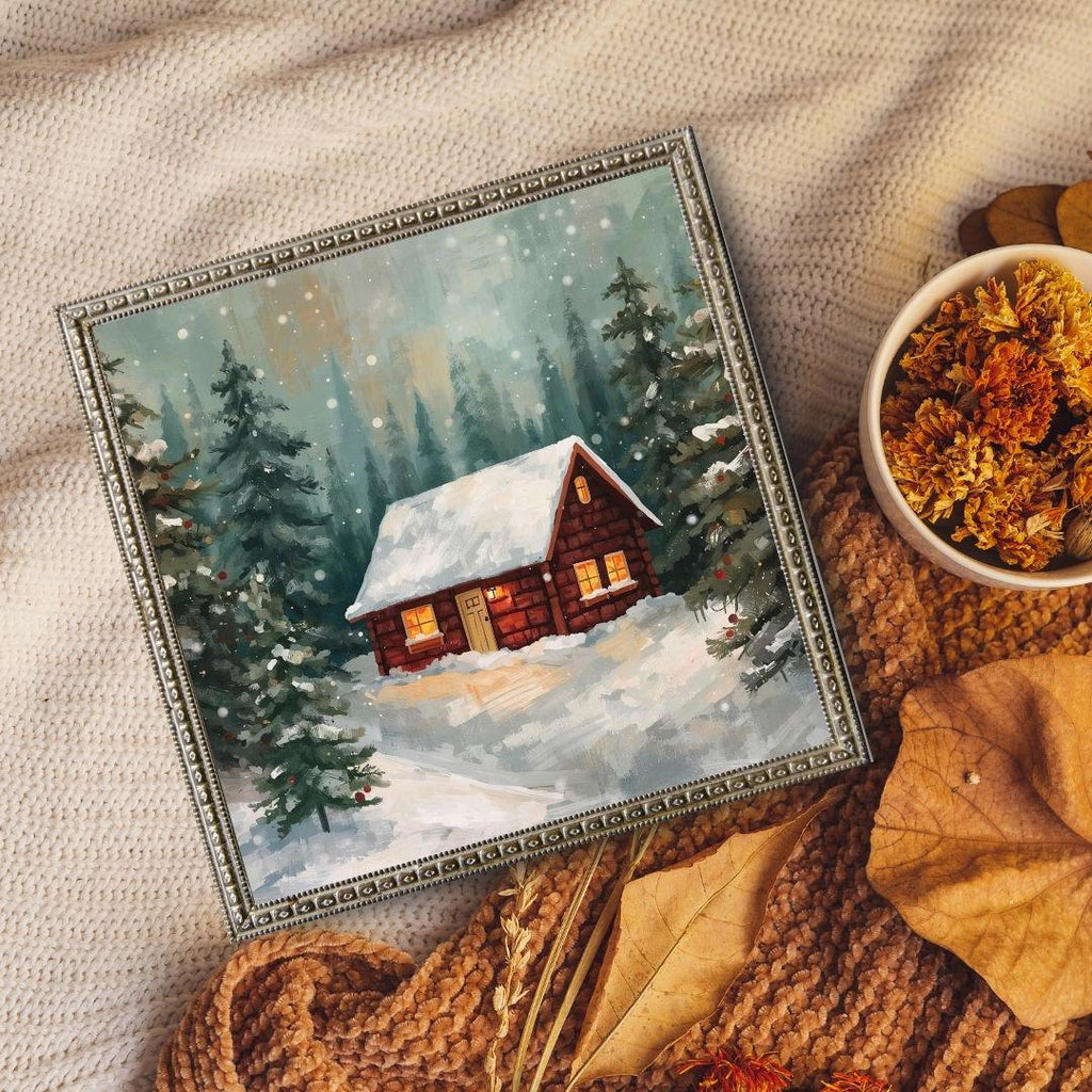 Winter Cabin Snowy Forest Scene Wall Art Printable Christmas Landscape Cozy Rustic Holiday Decor Digital Download
